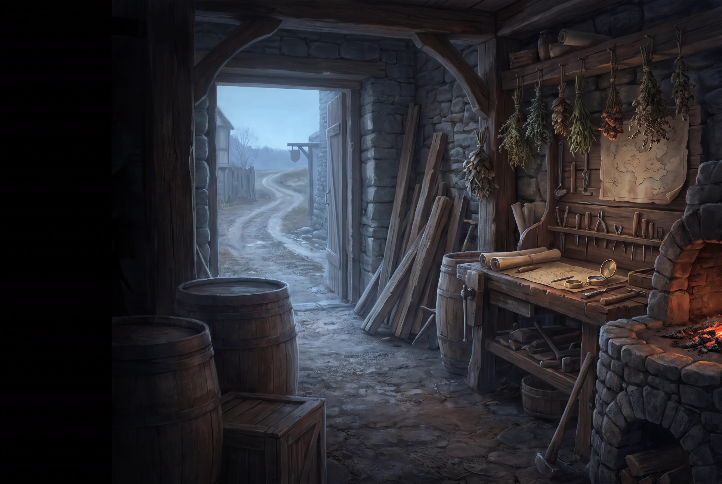 A cold morning road seen from a worn settlement workshop filled with tools, timber, herbs, and the last warmth of a forge.