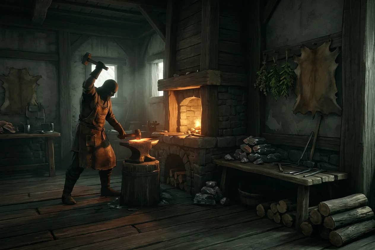 A smith mid-swing at the anvil in a timber workshop, forge coals glowing, ore and cut timber stacked beside the bench.